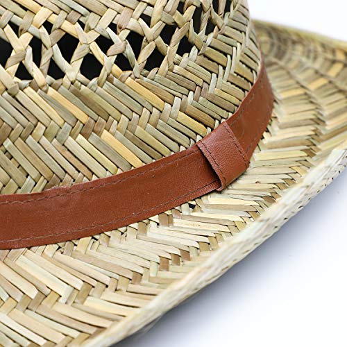 fiebig Sombrero de Paja Australiano para Hombre y Mujer | Sombrero de Vaquero para el Sol | Sombrero Occidental con Cinta de Imitation a Cuero | Sombrero de Cowboy con Borde Cosido (56-M)