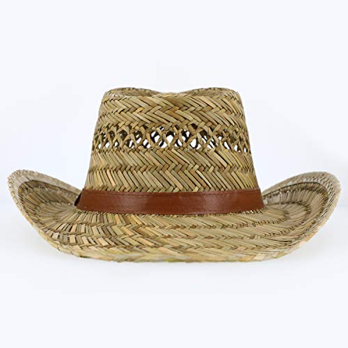 fiebig Sombrero de Paja Australiano para Hombre y Mujer | Sombrero de Vaquero para el Sol | Sombrero Occidental con Cinta de Imitation a Cuero | Sombrero de Cowboy con Borde Cosido (56-M)
