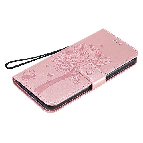 Funda de piel para teléfono Samsung Galaxy A12 5G, diseño de gato bajo árbol, plegable, resistente a los golpes, con tarjetero y correa, color oro rosa