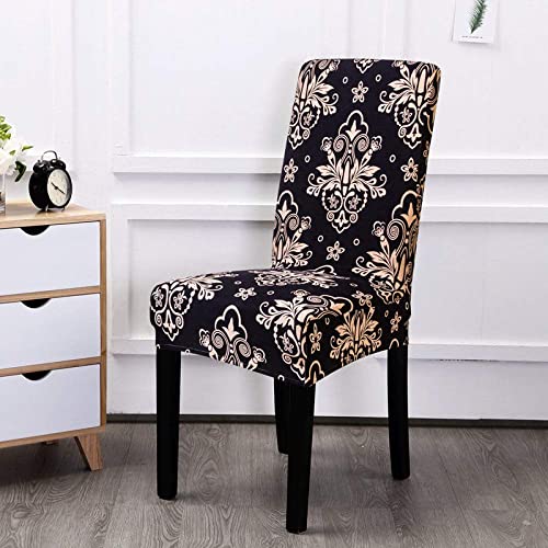 Fundas para sillas, Fundas para sillas elásticas Medallón Retro Europeo Floral Negro Impresión 3D Spandex Fundas para sillas de Comedor Fundas extraíbles