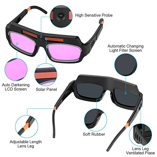 Gafas de Soldar con Oscurecimiento Automático solar, Gafas de Soldadura, Lentes de PC, Casco de Soldador, Gafas con correa Elástica para la Protección de los Ojos del Soldador