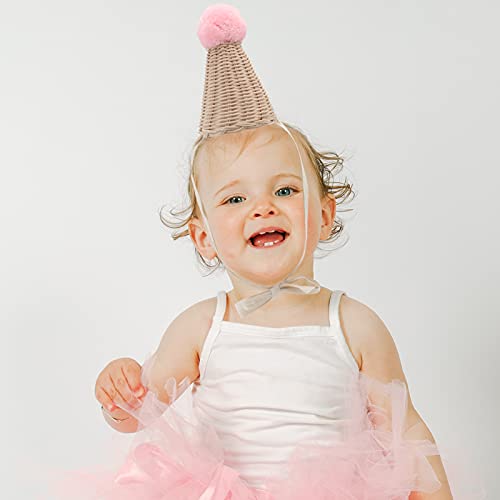 Garneck Sombrero de Mimbre Tejido con Conos de Dibujos Animados Sombrero de Pom Sombrero Tejido a Mano para Niños Tocado Foto Prop para Fiesta de Té de Cumpleaños Vestido para Arriba