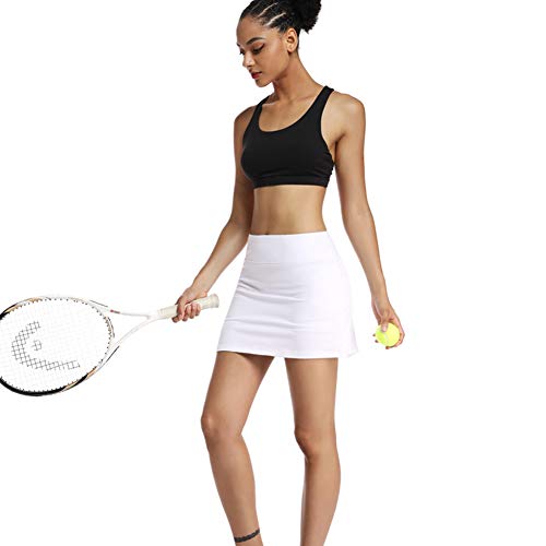 Geekbuzz - Falda femenina dinámica, deportiva, plisada, con bolsillos y pantalones cortos, para tenis, golf, correr, Mujer, color blanco, tamaño 36