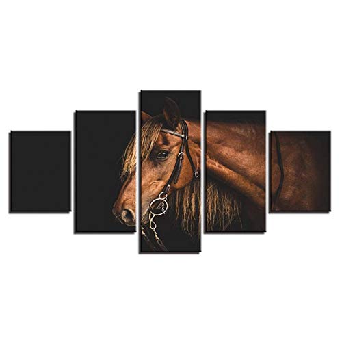 GHTAWXJ Arte Moderno de la Pared HD Imprime imágenes 5 Piezas Pinturas de corcel de Lona marrón Decoración para el hogar Animal Fine Horse Posters