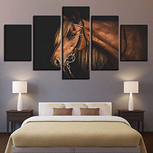 GHTAWXJ Arte Moderno de la Pared HD Imprime imágenes 5 Piezas Pinturas de corcel de Lona marrón Decoración para el hogar Animal Fine Horse Posters
