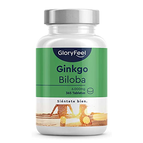 Ginkgo Biloba 6000 mg - 365 Tabletas Veganas (Suministro para 1 año) - 24% Flavonoides Glucosídicos + 6% Terpenoides - Extracto Premium 50:1 - Vitaminas para la Memoria y la concentración