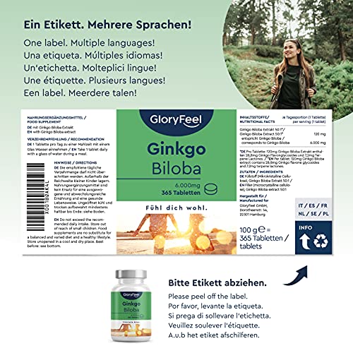 Ginkgo Biloba 6000 mg - 365 Tabletas Veganas (Suministro para 1 año) - 24% Flavonoides Glucosídicos + 6% Terpenoides - Extracto Premium 50:1 - Vitaminas para la Memoria y la concentración