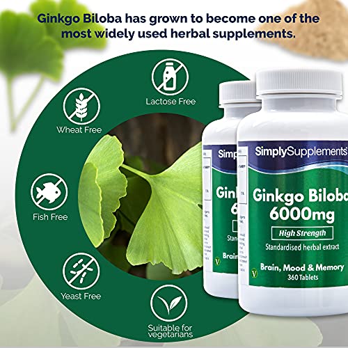 Ginkgo Biloba 6000mg - ¡Bote para un año! - Apto para veganos - 360 Comprimidos - SimplySupplements