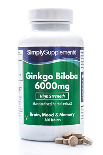 Ginkgo Biloba 6000mg - ¡Bote para un año! - Apto para veganos - 360 Comprimidos - SimplySupplements