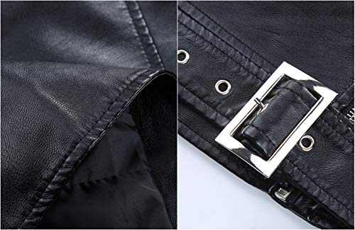 Giolshon Chaqueta de Cuero Sintético para Mujer Otoño Elegante Abrigo Corto con Cinturón de Motociclista Moto 7906 Negro L
