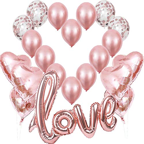 Globos de Oro Rosa Dorado, Globo Love XXL, 6 Corazón Rosegold Helio,4 Globos de Confeti,10 de látex, Decoración Romantica Día de San Valentín Bodas Nupcial Aniversario y Compromiso