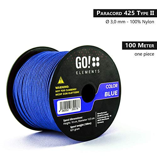 GO!elements 100m Cuerda Paracord de Nylon Resistente al desgarro - 3mm Paracord 425 Tipo II líneas como Cuerda para Exteriores, Cuerda para Todo Uso - línea de Nylon MAX. 192kg, Color:Azul