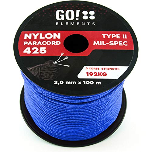 GO!elements 100m Cuerda Paracord de Nylon Resistente al desgarro - 3mm Paracord 425 Tipo II líneas como Cuerda para Exteriores, Cuerda para Todo Uso - línea de Nylon MAX. 192kg, Color:Azul