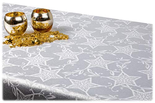 GOLDMAR Mantel de Navidad resistente a las manchas y a las manchas, mantel de doble cara de Navidad Adviento – poliéster Lamatex plateado dorado elegante mesa de Navidad (redondo 150 cm, plata 14s)