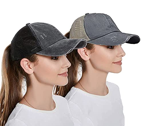 Gorra de béisbol para mujer, gorra de malla – Criss Cross desordenado bollos de cola de caballo - - M