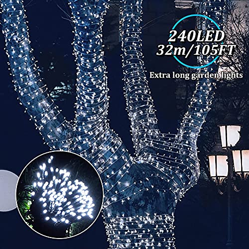 Guirnaldas Luces Exterior Solar, 240LED 32M Guirnaldas Luminosas Decoración, 8 Modos & Impermeable para Jardín, Bodas, Eésped, Patio, árbol de Navidad (Blanco)