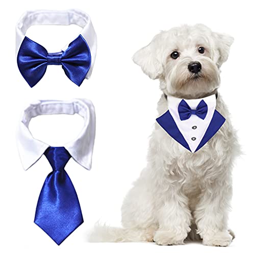 HACRAHO Juego de 3 bandanas formales de esmoquin para perro, para boda, para perro, corbata, cuello ajustable, diseño de velcro, accesorios formales para perros pequeños y medianos, color azul