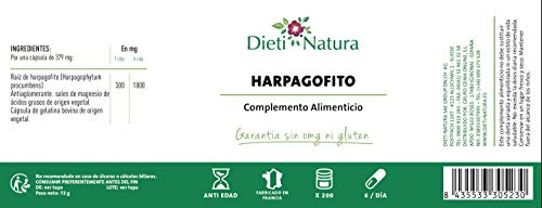 Harpagofito 200 cápsulas de Dieti Natura. Para la sensibilidad articular [Fabricado en Francia][Garantía Sin OGM ni Gluten] (Bote de 200 cápsulas)