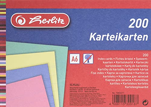 Herlitz 10836211 - Paquete de 200 notas rayadas A6, multicolor
