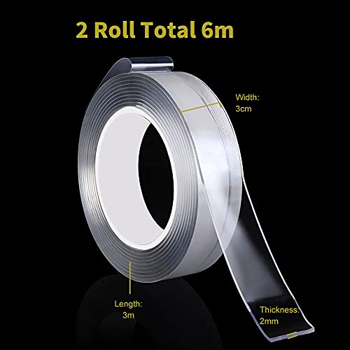 HEYSTYLE 2 Rollos (Total 6M) Cinta Adhesiva de Doble Cara Extra Fuerte, Transparente Nano Tape, Cinta de Montaje Sin Rastro Extraíble
