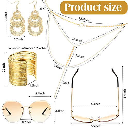 Hicarer Set de Discoteca de los 70 Gafas de Sol con Montura de Diamante sin Montura Pulseras de Alambre de Bobina de Metal Collar Gargantilla en Capas Pendientes de Disco de Remolino Triple de Oro