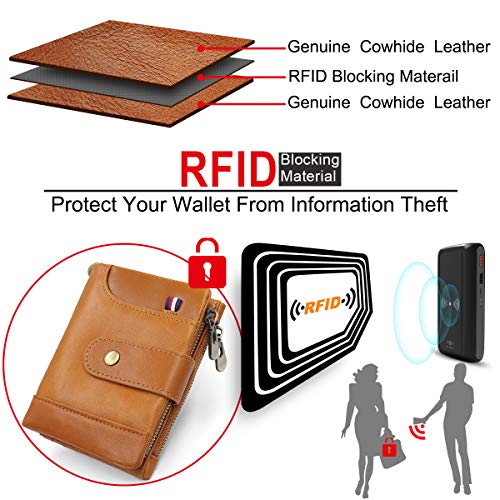 HNOOM Cartera para Hombre con Monedero Cartera de Cuero con Bloqueo RFID para Hombre Billetera Piel Hombre Monedero con Cremallera Bifold 16 Ranuras para Tarjetas Cartera Hombre con Cadena (Marrón)