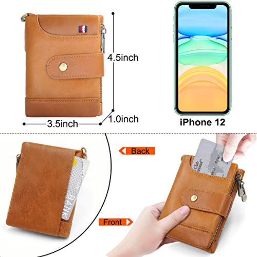 HNOOM Cartera para Hombre con Monedero Cartera de Cuero con Bloqueo RFID para Hombre Billetera Piel Hombre Monedero con Cremallera Bifold 16 Ranuras para Tarjetas Cartera Hombre con Cadena (Marrón)