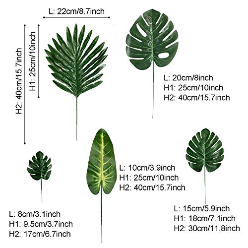 Hojas de Palma Artificiales, PietyPet 60 Piezas 5 tipos Verde Plantas Artificiales, Falso Hojas de Monstera con tallos para Luau, Fiestas Decoraciones Eventos, Bodas, Hawaiano