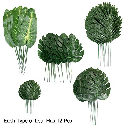 Hojas de Palma Artificiales, PietyPet 60 Piezas 5 tipos Verde Plantas Artificiales, Falso Hojas de Monstera con tallos para Luau, Fiestas Decoraciones Eventos, Bodas, Hawaiano