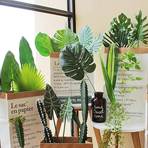 Hojas de Palma Artificiales, PietyPet 60 Piezas 5 tipos Verde Plantas Artificiales, Falso Hojas de Monstera con tallos para Luau, Fiestas Decoraciones Eventos, Bodas, Hawaiano