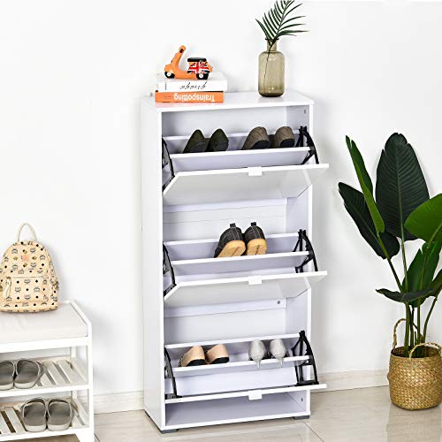 HOMCOM Armario de Zapatos Moderno Zapatero para Pasillo Entrada con 6 Estantes de Almacenaje Espacio de Exihibición Puerta Inclinada Capacidad de 18 Pares 60x26x124 cm Blanco