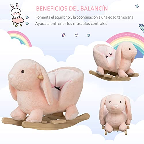 HOMCOM Caballito Balancín Infantil Forma de Conejo de Felpa para Bebés 18-36 Meses con Sonido Cinturón de Seguridad Manillar y Reposapiés 60x33x50cm Rosa