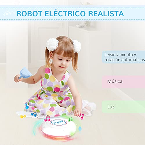 HOMCOM Carrito de Limpieza para Niños de +3 Años con Robot Aspirador Eléctrico con Luz y Sonido Escobas Fregona Cubo 23 Accesorios Incluidos 42x32x49,5 cm Rosa y Azul