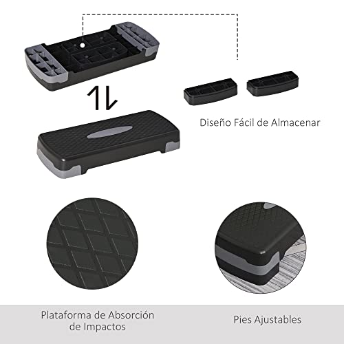 HOMCOM Step de Aeróbic y Fitness Tipo Tabla Plataforma Stepper para Deporte y Gimnasia con Altura Regulable a 2 Niveles Carga 150kg (Negro)