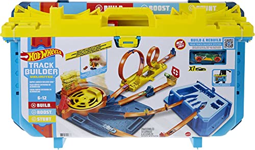 Hot Wheels Caja de pistas con lanzador Set de juego para construir pistas de juguete, con 30 piezas, incluye 1 vehículo die-cast (Mattel GVG11)