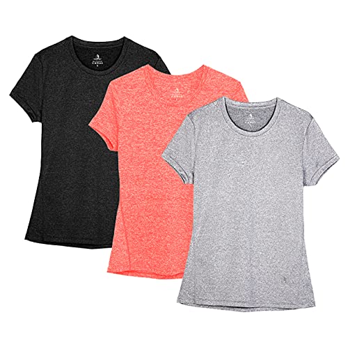 icyzone Camiseta de Fitness de Manga Corta para Mujer, Pack de 3 (XL, Negro/Granito/Naranja)