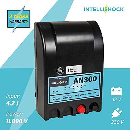 Intellishock AN300 - Electrificador de vallas para pastos, 12 V/230 V, para vallas eléctricas, para vallas eléctricas, fuente de alimentación, dispositivo de batería