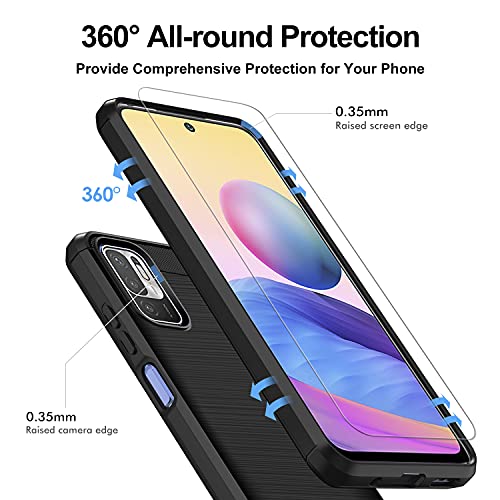 ivoler Funda para Xiaomi Redmi Note 10 5G / Poco M3 Pro 5G con 3 Piezas Cristal Templado, Fibra de Carbono Carcasa Protectora Antigolpes, Suave TPU Silicona Caso Anti-Choques Case Cover - Negro