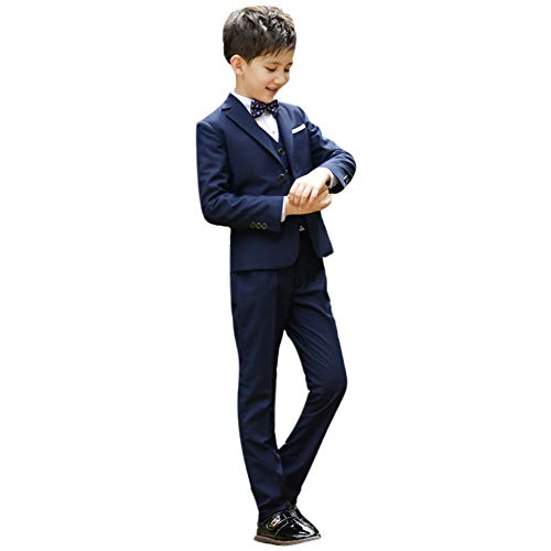 IWEMEK - Disfraz para niño de honor, camisas Gentleman Tuxedo Suit Tops altos, chaquetas, pantalones largos y pajarita para boda, ceremonia y cumpleaños azul marino 5-6 Años