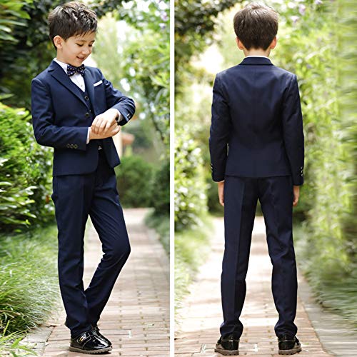 IWEMEK - Disfraz para niño de honor, camisas Gentleman Tuxedo Suit Tops altos, chaquetas, pantalones largos y pajarita para boda, ceremonia y cumpleaños azul marino 5-6 Años