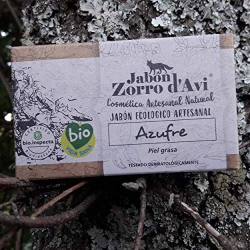 Jabón Zorro D’Avi | Jabón Natural Ecológico de Azufre | 120 gr | para Pieles Grasas y Seborreica | Jabón Biodegradable Zero Waste | Control del Acné | Fabricado en España