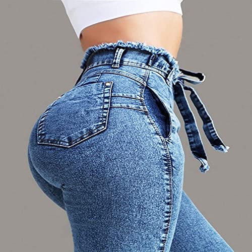 Jeans Skinny Push-Up Mujer Vaqueros Elásticos Jeans Denim Largo Mujer Cintura Alta con Cordón Lazo Vaquero Tejano para Mujer Elástico Relaxed-Fit (Azul Claro, S)