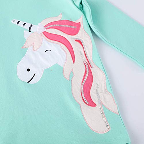 JinBei Vestidos con Capucha Niñas Unicornio Lentejuelas Largo Túnica Pullover Tops Manga Larga Algodón Suéter Casual Verde Otoño Sudadera con Capucha 5-6 años