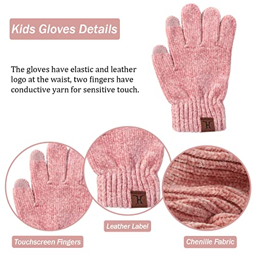 Juego de 3 guantes de bufanda para niños, de chenilla súper suave, de 5 a 10 años, con pompones con forro polar cálido, guantes de pantalla táctil y bufanda de bucle, rosa, Talla única