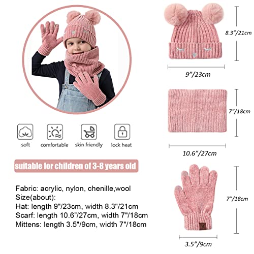 Juego de 3 guantes de bufanda para niños, de chenilla súper suave, de 5 a 10 años, con pompones con forro polar cálido, guantes de pantalla táctil y bufanda de bucle, rosa, Talla única