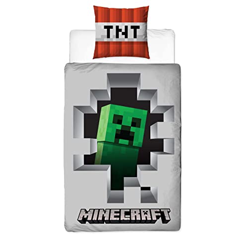Juego de cama reversible Minecraft | 135 x 200 cm + 80 x 80 cm | 100% algodón | verde y rojo | Diseño TNT Zombie Creeper
