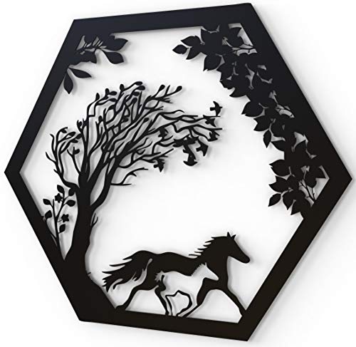 JustComfy Decoración de pared de metal, 37 x 32 cm, decoración de pared de metal negro, imágenes de metal como decoración moderna para salón y pasillo, diseño de caballos