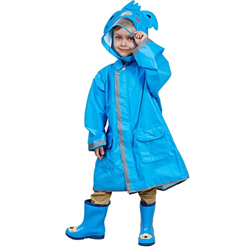 JZK Chubasquero impermeable poncho Impermeables chaquetas capa lluvia con mangas y capucha y rayas reflectantes para niños y niñas de 2-4 4-6 6-10 años (M, Azul)