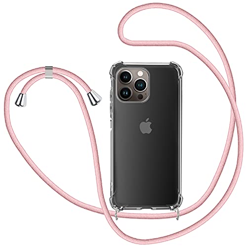 KetteTech Funda con Cuerda para iPhone 13 Pro MAX, Carcasa Transparente TPU Suave Silicona Case con Correa Colgante Ajustable Collar Correa de Cuello Cadena Cordón - Oro Rosa