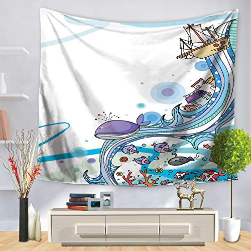 KHKJ Tapiz de Animales Marinos Tortuga tiburón delfín Pulpo Estrella de mar Caballito de mar Decorativo Colgante de Pared en océano Azul A1 95x73cm